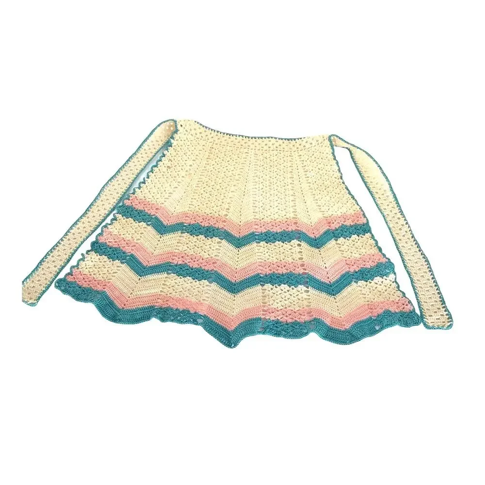 Crochet Apron Retro Striped Green Pink White Vintage Handmade Scalloped Hem